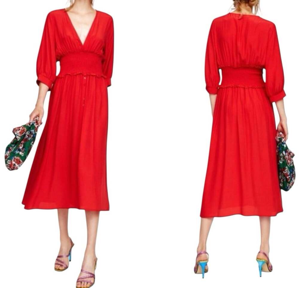 Zara Cherry Red Chiffon Blouson Midi Dress SIZE SMALL Button Front Deep V Retro